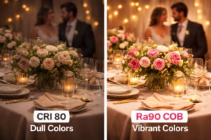 A split comparison image: Left side shows a wedding table under low CRI light looking dull. Right side shows the same table under Ra90 COB light with vibrant flowers and warm skin tones