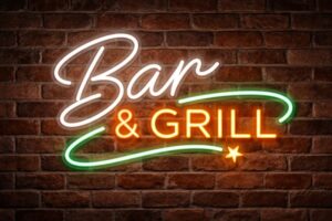 Image of a custom-made 'Bar & Grill' sign made from flexible LED neon, mounted on a brick wall