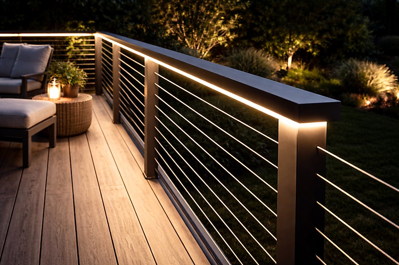 Modern deck railing at night with invisible LED strip producing a warm glow downward onto the deck surface