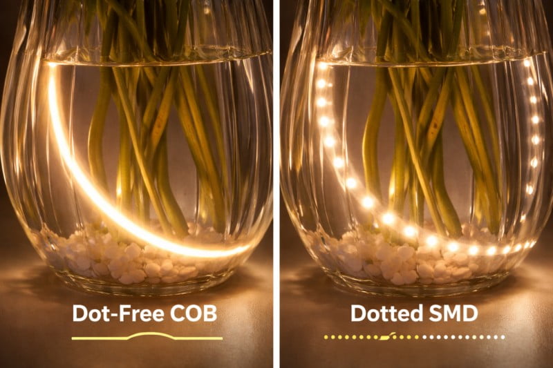 Close up photo of a glass vase illuminated by COB strip versus SMD strip. COB shows a smooth line; SMD shows distracting dots.