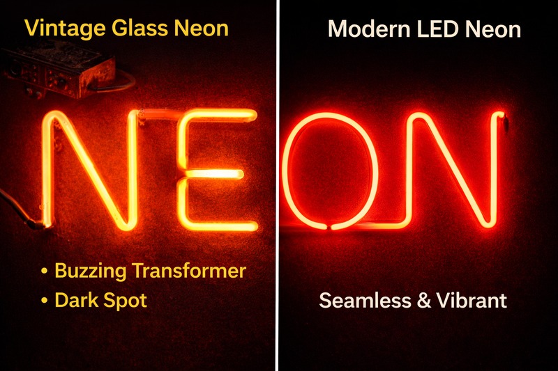 A split view image: Left side shows a vintage glass neon sign with a dark spot and buzzing transformer. Right side shows a crisp, modern LED neon logo in bright red, looking seamless and vibrant.