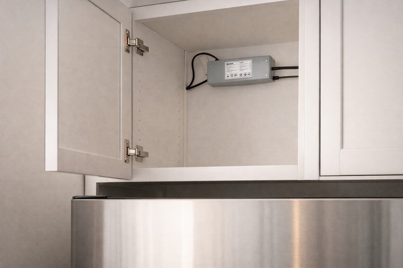 A photo showing an open cabinet above a refrigerator where a power supply box is neatly mounted, with wires running behind the framing.