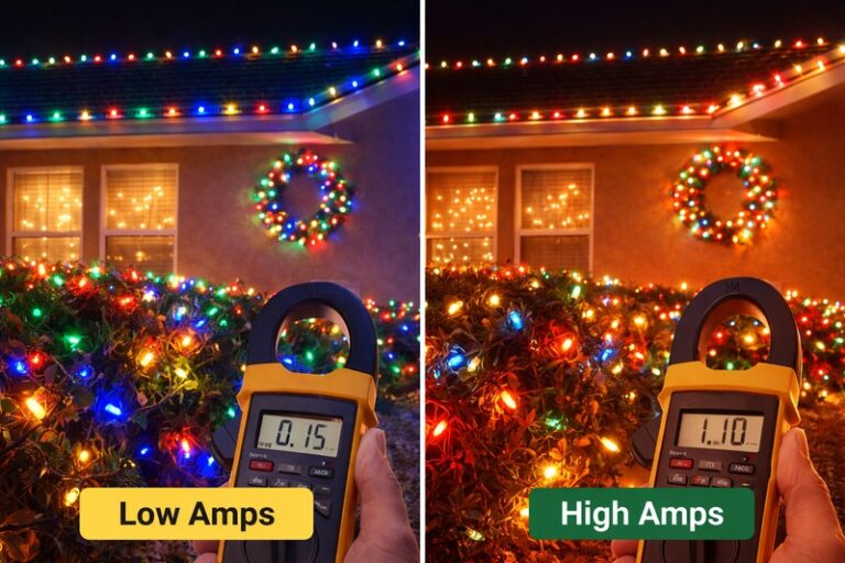 A split screen image: Left side shows a bright, glowing holiday display with a digital meter showing 'Low Amps'. Right side shows a similar display with old lights and a meter showing 'High Amps'.