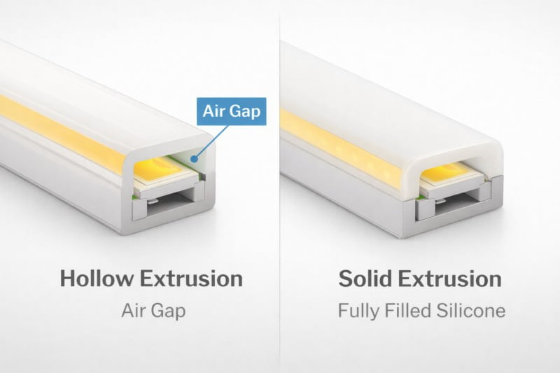 Cross-section diagram showing Hollow Extrusion (Air gap) vs Solid Extrusion (Fully filled silicone).