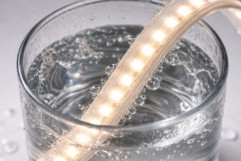 Close up of a silicone-encased IP68 strip submerged in a glass of water, glowing brightly.