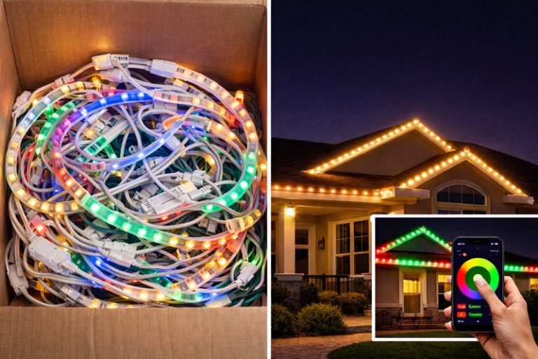 Comparison image: Left side shows a messy pile of tangled temporary lights in a box. Right side shows a sleek, permanent roofline install glowing in warm white, with an inset showing a phone app changing it to red and green