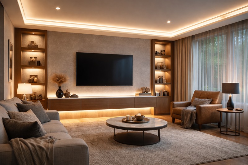 Modern living room with hidden warm white LED rope lights in the crown molding and under the floating TV console, creating a cozy luxury vibe.