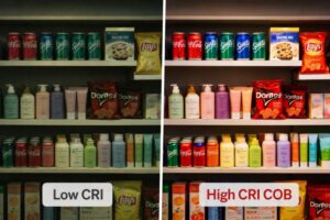 A split screen image: Left side shows a retail shelf with dull, greenish lighting where products look faded. Right side shows a vibrant, crisp shelf illuminated by High-CRI COB lights where colors pop