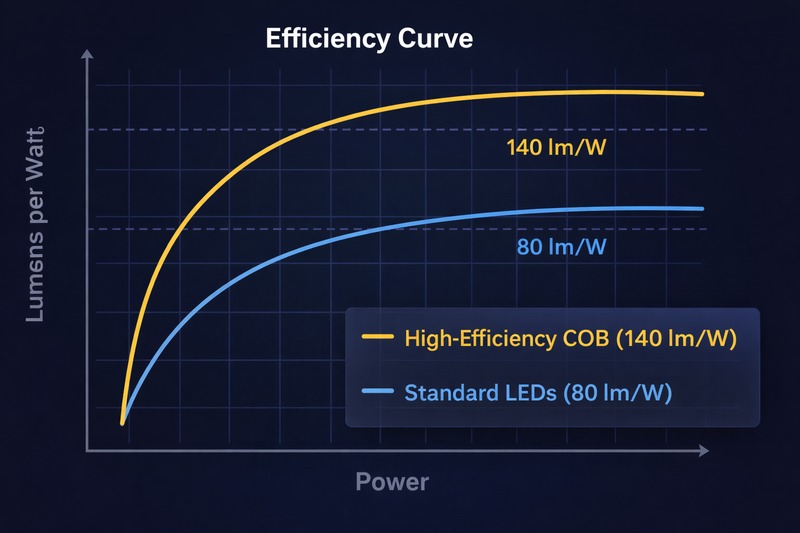 Chart comparing the efficiency curve of standard LEDs (80lm/W) versus High-Efficiency COB (140lm/W).