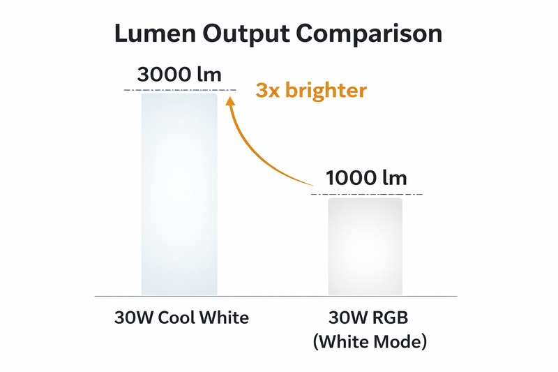 Comparison chart showing the lumen output of a 30W Cool White light versus a 30W RGB light set to white mode.