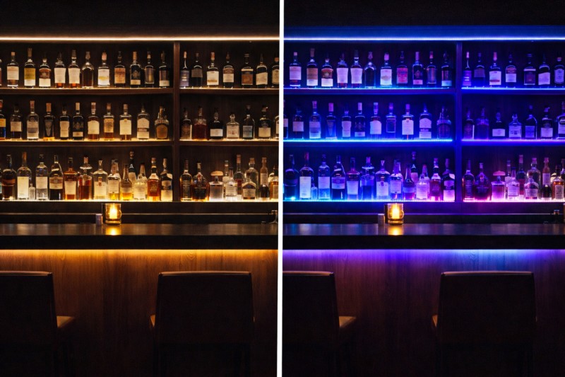 A dynamic GIF-style image showing a bar shelf. First frame is steady white light; second frame shows a wave of blue and purple light moving across the bottles.