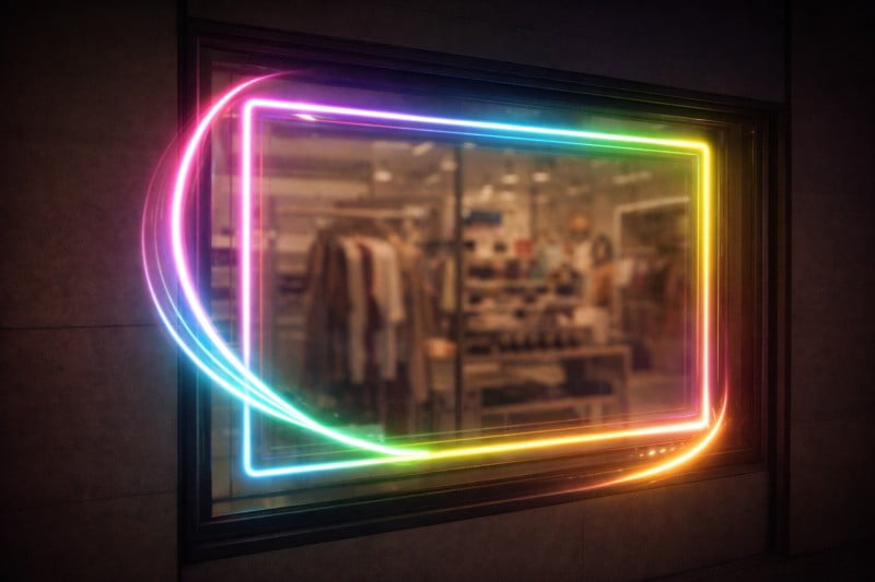 GIF style image of a store window frame with a light trail 'chasing' around the border to attract attention.