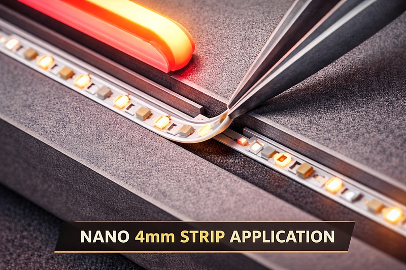 Image showing a slim 4mm PCB LED strip being installed into a narrow routing channel on a custom sign.