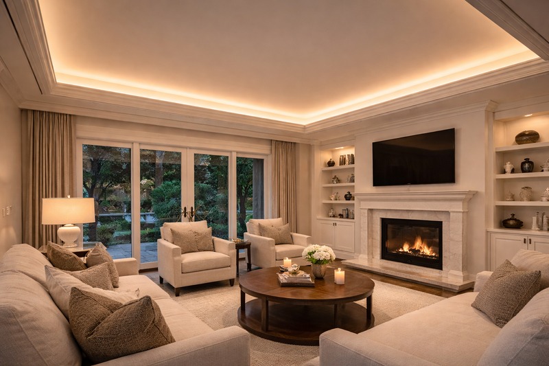 A luxurious living room with a tray ceiling, showing a smooth, continuous wash of warm light with no visible hotspots or dots.