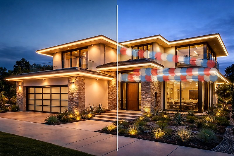 A split screen image: Left side shows a home with elegant 3000K Warm White architectural lighting. Right side shows the exact same home with dynamic red, white, and blue chasing lights for Independence Day.