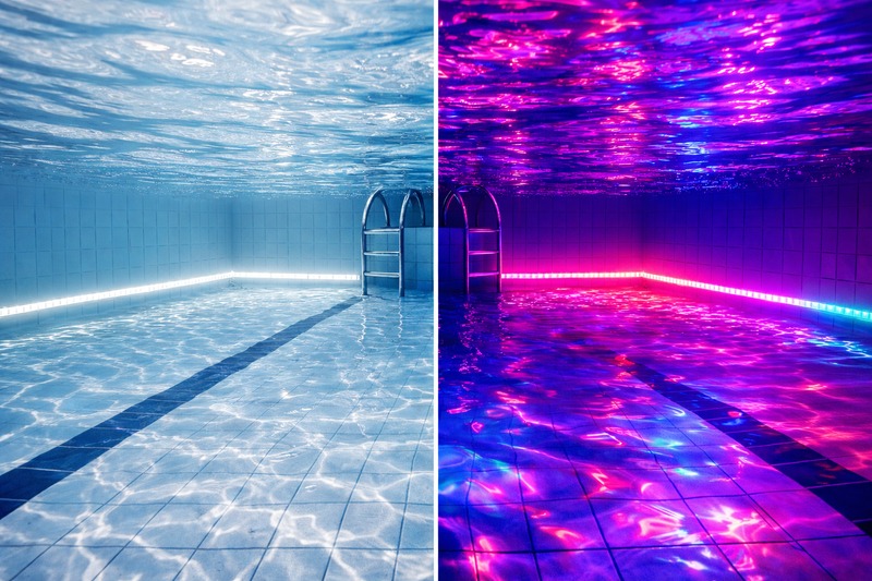 A split view of a swimming pool: left side perfectly clear with cool white light, right side vibrant purple and blue for a party atmosphere.