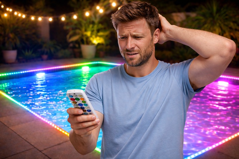 Photo of a frustrated homeowner holding a complex remote control, looking at a pool where lights are mismatched colors.