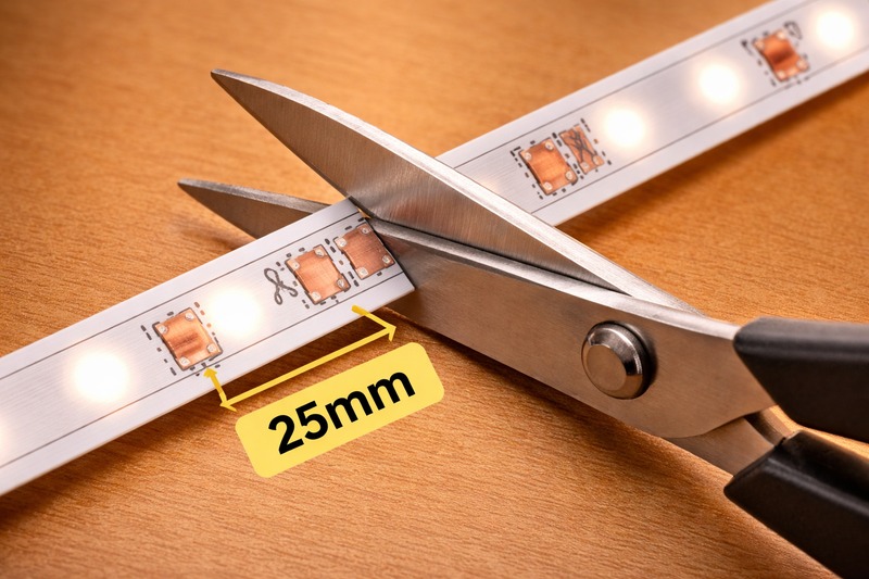 Close up of a pair of scissors cutting a strip exactly at a copper mark, showing the '25mm' label.