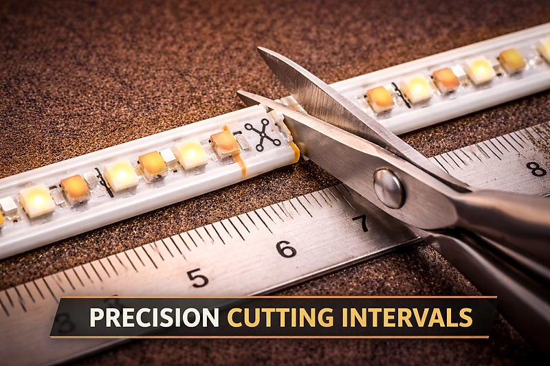 Close-up photo of a pair of scissors cutting a COB strip exactly at the copper cut mark, next to a ruler showing the short interval.