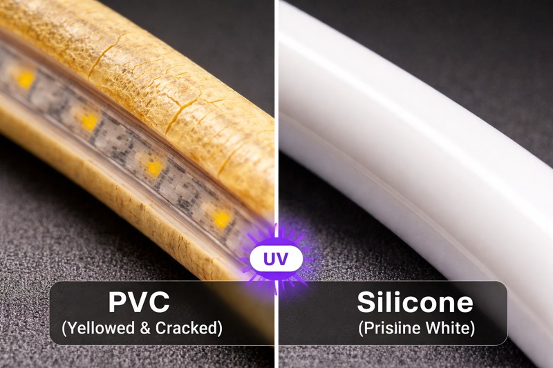 Macro shot comparing a cracked, yellowed PVC tube next to a pristine white silicone neon tube after UV testing.