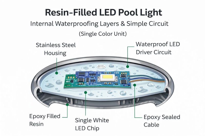 Cross-section diagram of a resin-filled LED pool light showing the internal waterproofing layers and simple circuit of a single color unit.