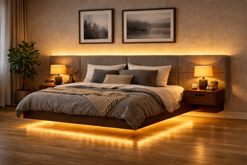 A cozy modern bedroom with a floating bed effect created by warm LED lights underneath, and soft backlighting behind a fabric headboard.
