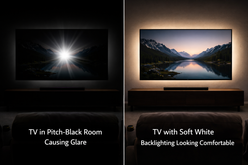 Comparison image: Left side shows a TV in a pitch-black room causing glare; Right side shows a TV with soft white backlighting looking comfortable.