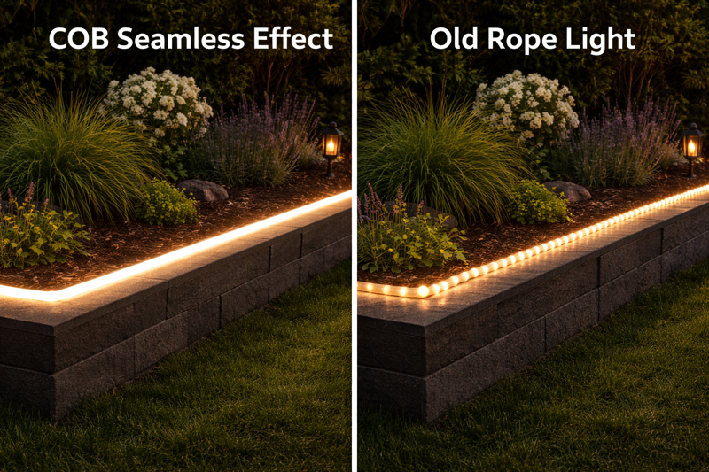 A modern garden bed with visible COB LED lighting creating a smooth neon-like line compared to an old dotted rope light.