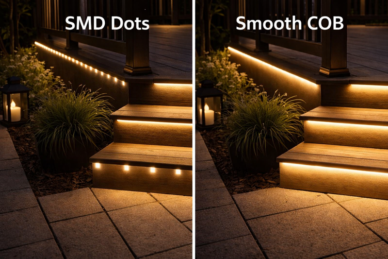 Side by side comparison of a deck step lighted with SMD dots vs smooth COB lighting.