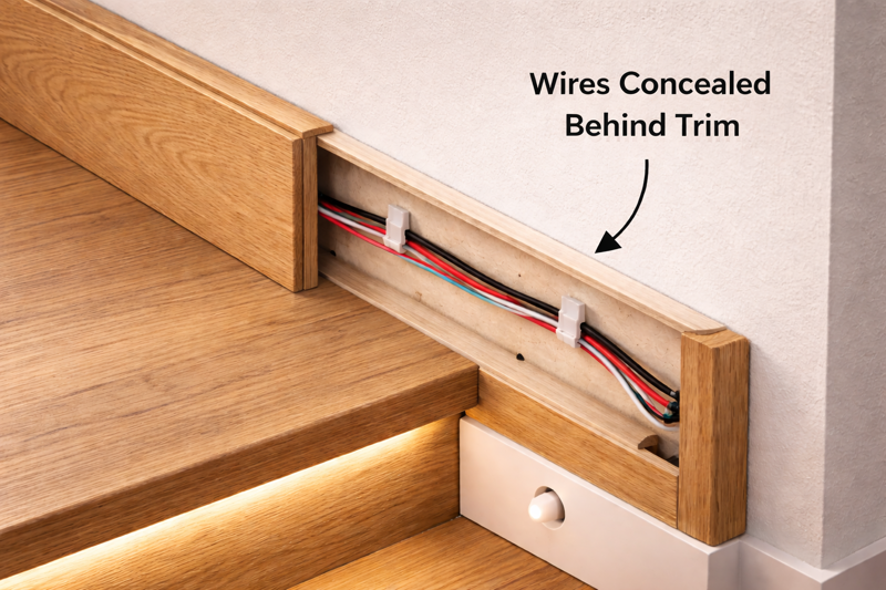 Close up of a wooden skirt board on a staircase, showing how wires are concealed behind the trim.