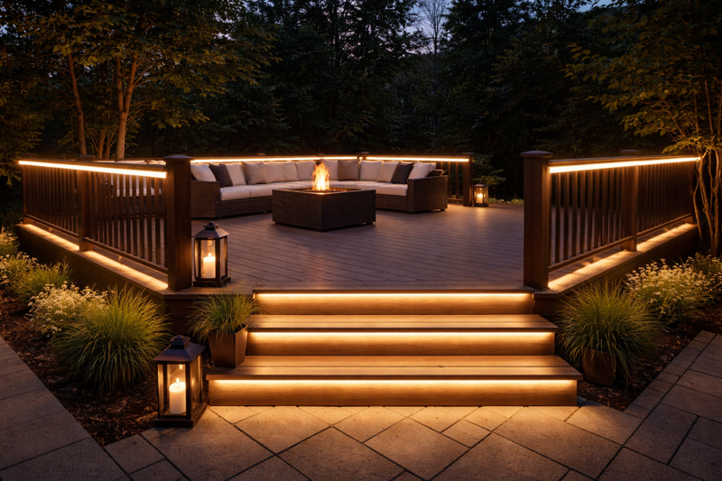Elegant wooden deck at twilight with warm white LED strip lighting under railing and steps, creating a soft glow.