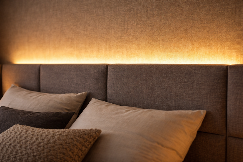Close up of a headboard with a hidden LED strip casting a warm halo on the textured accent wall behind it.