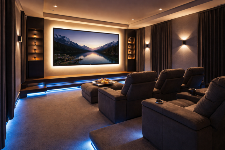 A luxurious home theater room with soft blue indirect lighting on the floor and a warm white halo behind the projection screen