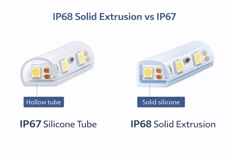 Cross-section diagram showing the difference between a hollow IP67 tube and a solid IP68 silicone extrusion.