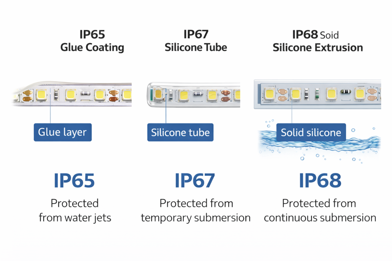 Diagram comparing IP65 glue coating vs IP67 silicone tube vs IP68 solid silicone extrusion.