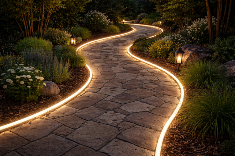 A winding stone garden pathway at night illuminated by soft, continuous warm white LED rope lighting bordering the edges