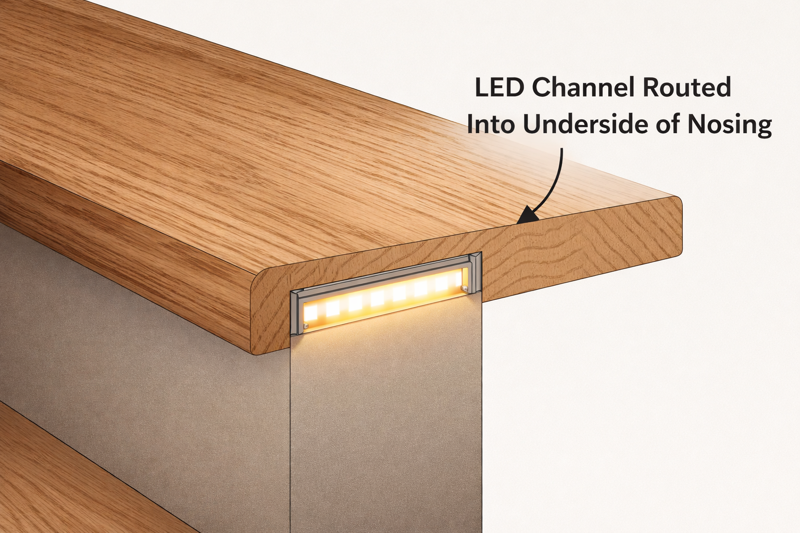 Cross-section diagram of a stair tread showing the LED channel routed into the underside of the nosing.