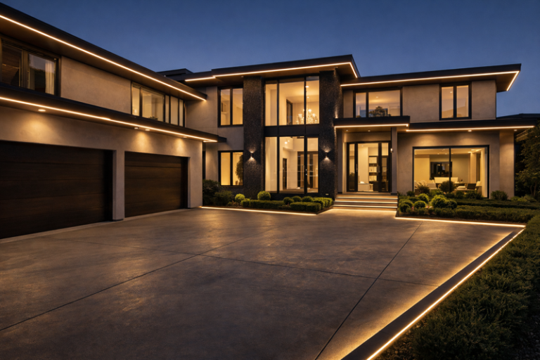 Modern luxury home exterior at twilight with warm white linear lighting under eaves and along the driveway, creating a sleek, high-end look