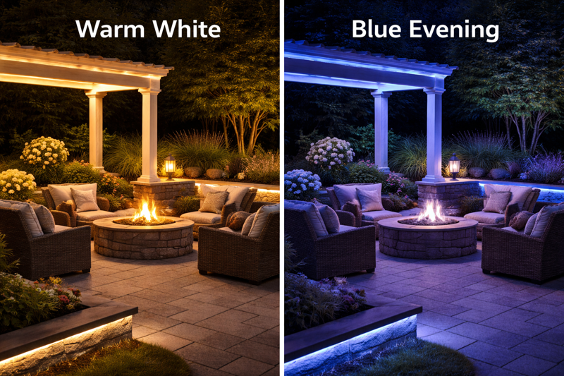 A patio area showing the transition from Warm White mode to a subtle Blue evening mode using RGBW strips.