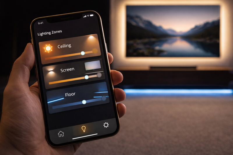 A smartphone screen showing an app interface with different lighting zones for a home theater: 'Ceiling', 'Screen', 'Floor'.