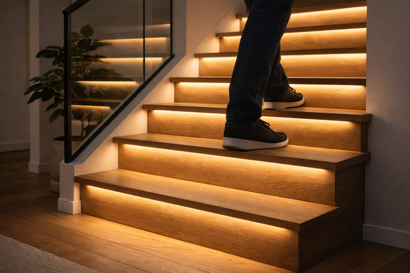 A staircase with lights turning on sequentially one by one, triggered by a person stepping on the bottom step.