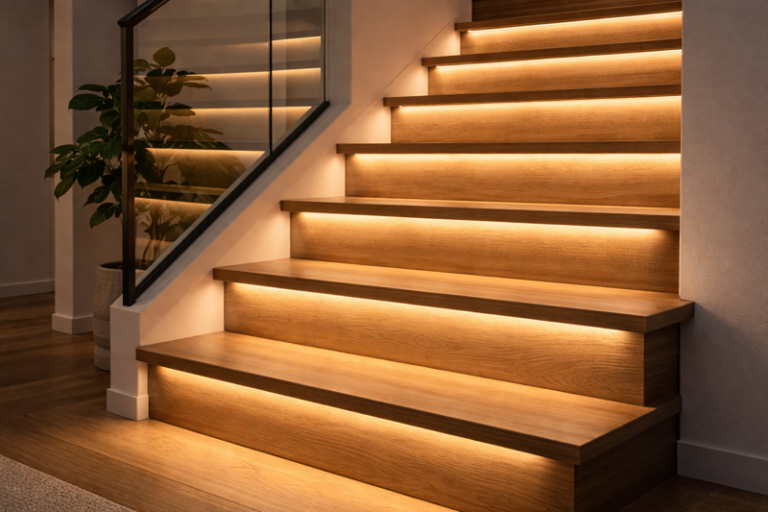 Modern wooden staircase with warm white LED lights embedded under the nosing of each step, creating a glowing effect without visible wires