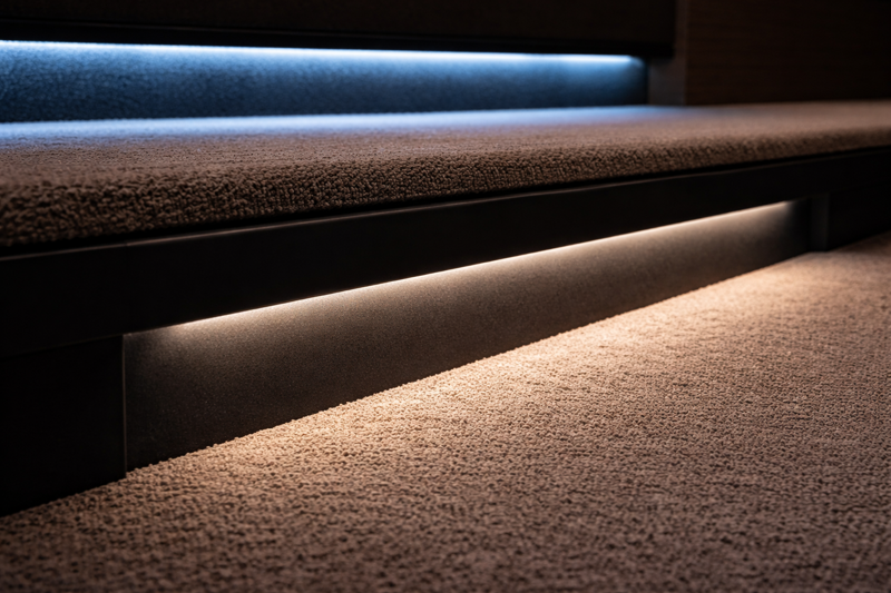 Close up of a theater step riser with a downward-facing LED strip in a black channel, illuminating only the carpet.