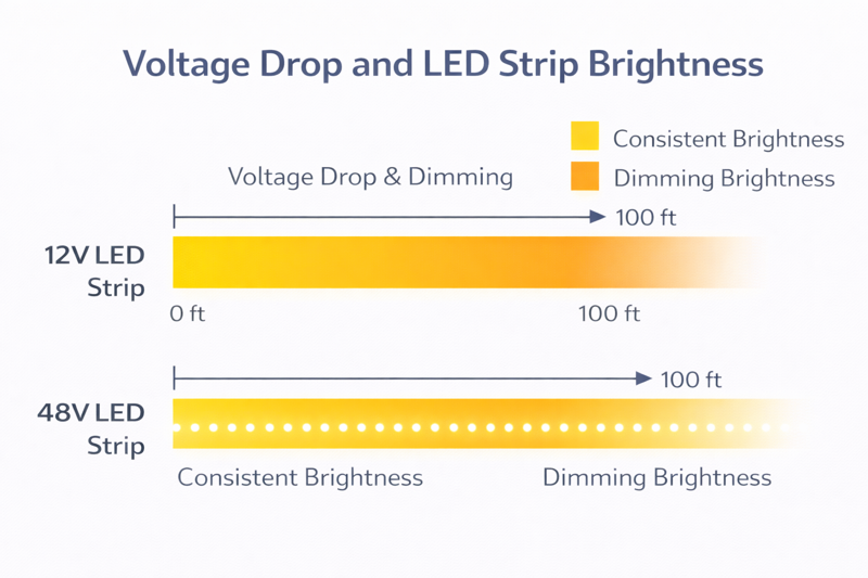 Chart illustrating the consistent brightness of 48V LED strips over long distances compared to 12V.