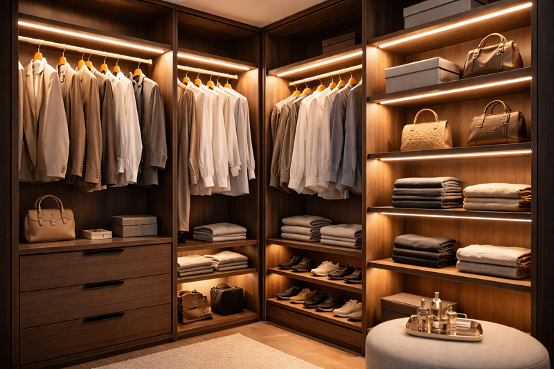A walk-in closet with LED lights integrated into the hanging rods and vertical shelves, illuminating clothes brightly.