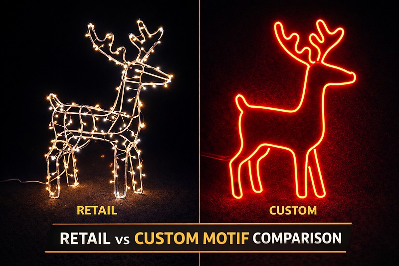 A side-by-side comparison: Left side shows a cheap retail wireframe reindeer with spotty lights. Right side shows a custom-built aluminum frame reindeer glowing with a solid, seamless red neon line.