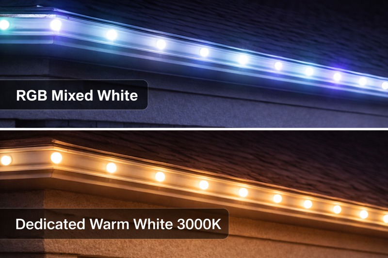 Split view of a home's eaves: Top half shows harsh blue-white RGB mixed light. Bottom half shows rich, golden 3000K Warm White from a dedicated chip.