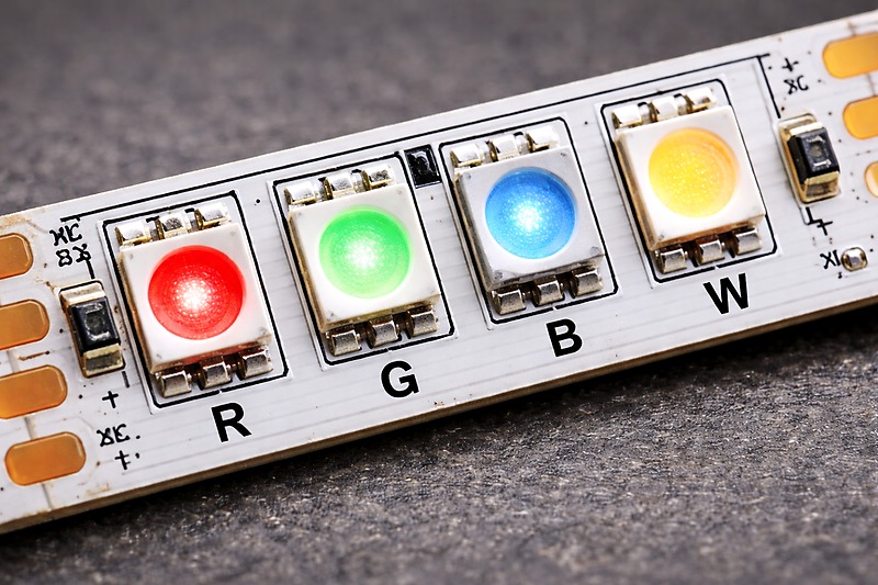 Close up macro shot of an LED strip showing the separate Red, Green, Blue, and dedicated Yellow-phosphor White chips.