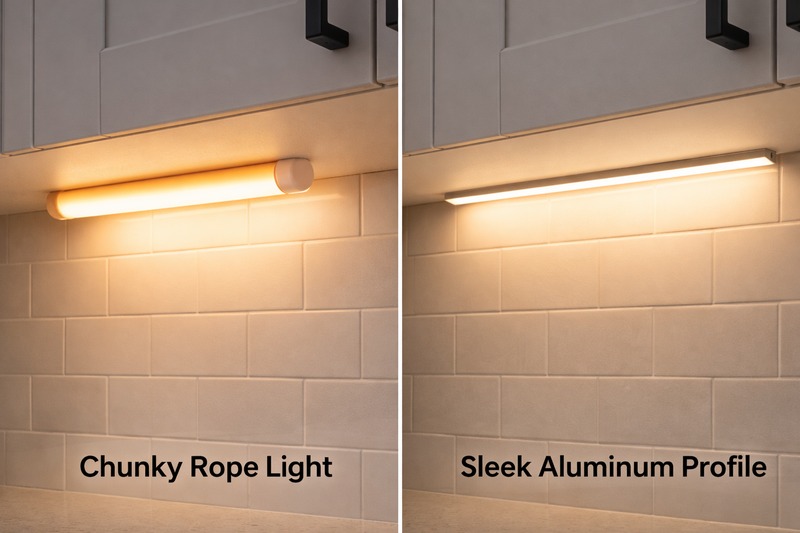 Comparison image: Left side shows a chunky round rope light visible under a cabinet; Right side shows a sleek aluminum profile hidden perfectly.