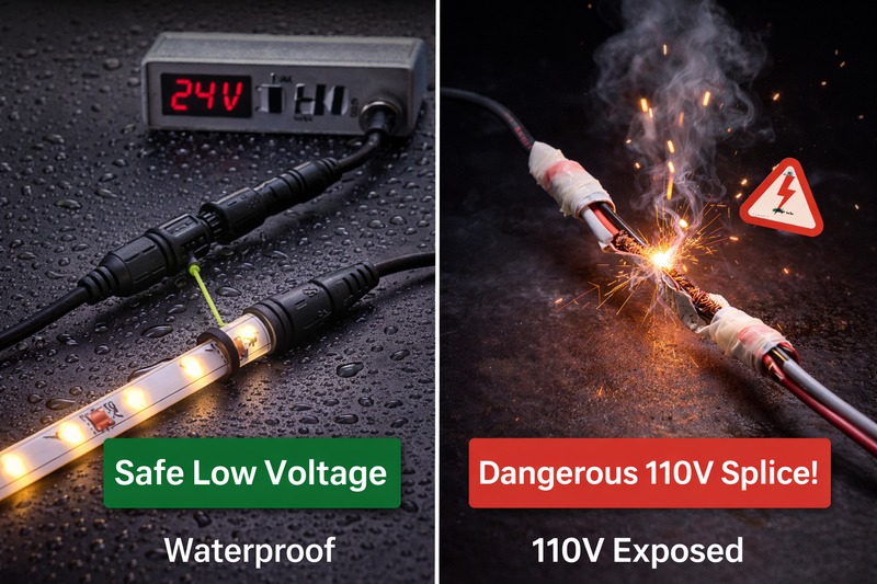 Safety diagram: A 24V system with waterproof connectors vs. a dangerous 110V splice, highlighting the 'Safe Low Voltage' label.